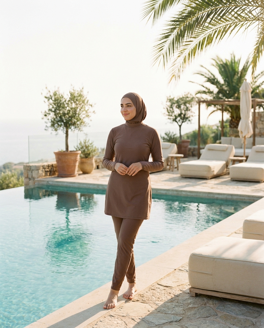 Woman wearing mocha full-coverage burkini with swim hijab at the poolside