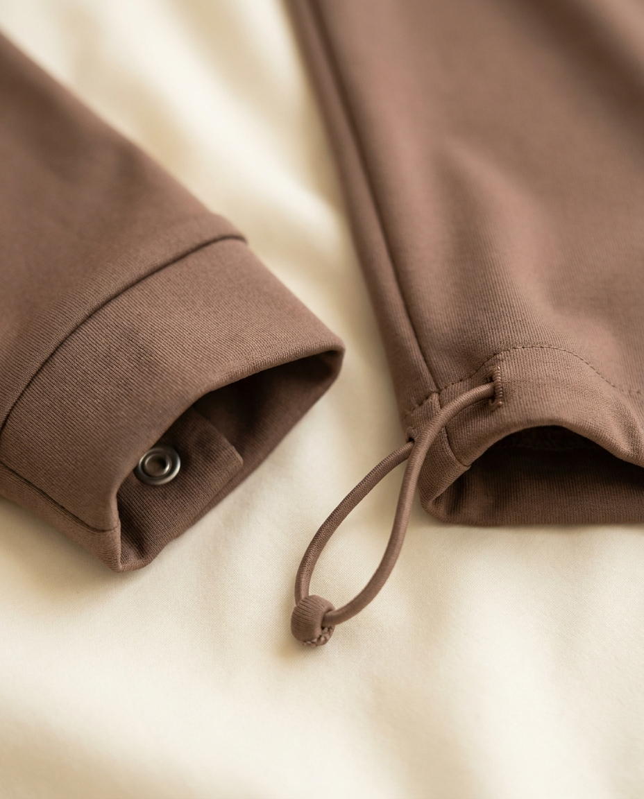 Close-up of quick-dry burkini fabric with sleeve snap button and ankle drawstring