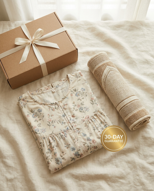 Vaelora floral prayer dress folded flat-lay with giftbox, prayer mat and 30-day guarantee badge