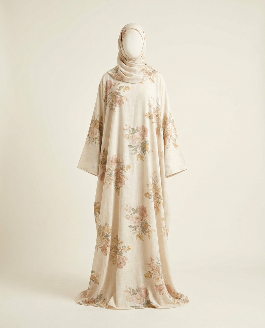 One-piece floral print prayer dress with integrated head covering on invisible mannequin
