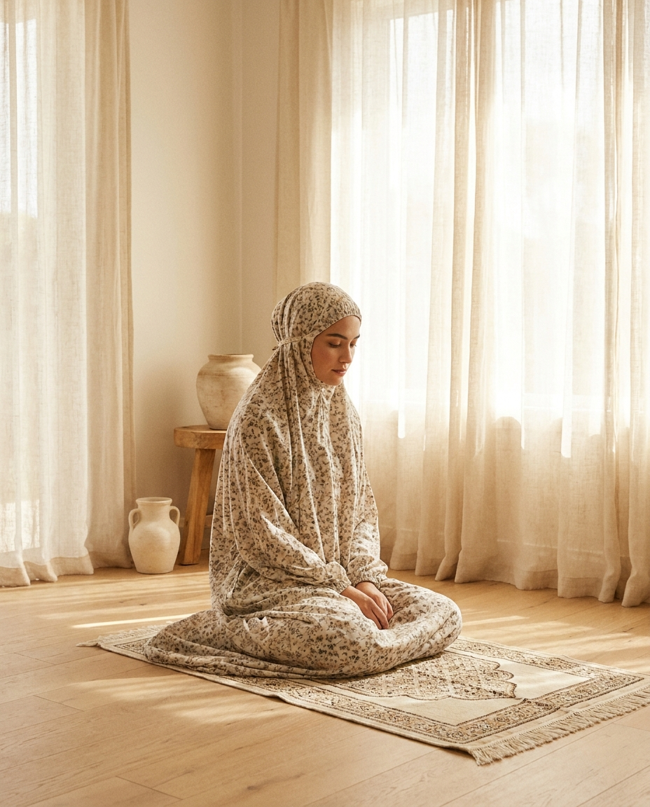 Woman wearing floral one-piece prayer dress sitting peacefully on a prayer mat