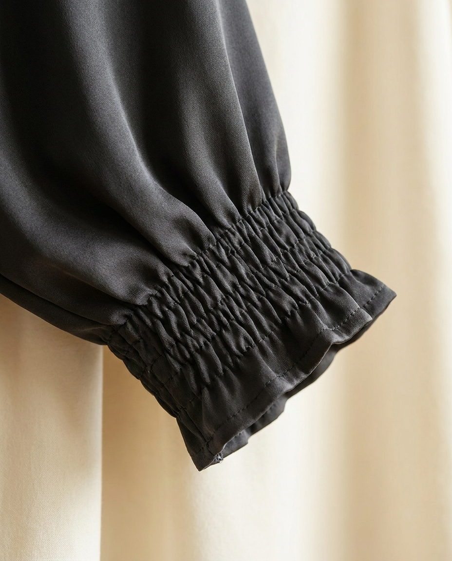 Close-up of low-sheen satin fabric and smocked sleeve cuff of the Vaelora prayer jilbab