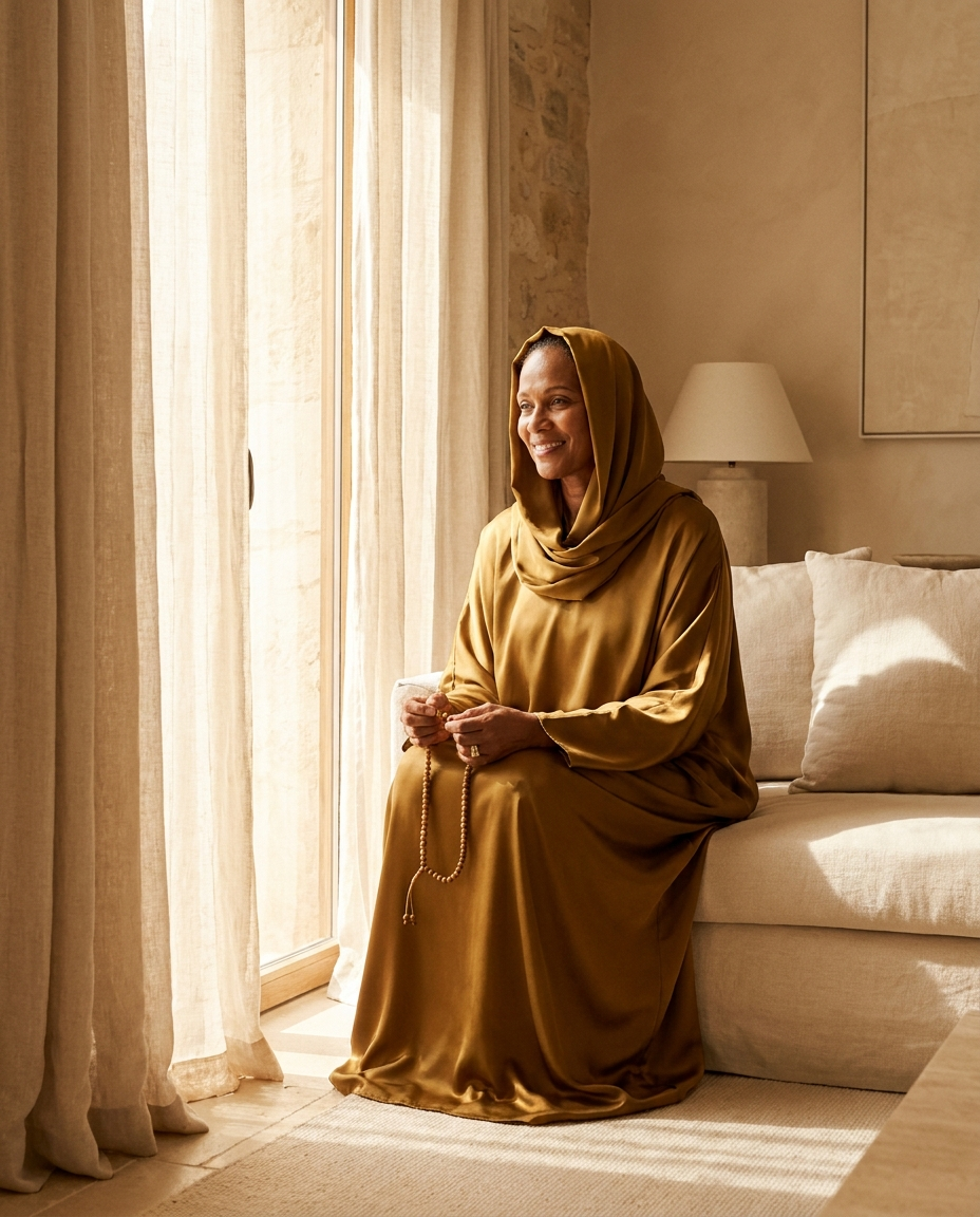 Woman wearing deep gold hooded prayer jilbab holding prayer beads by a sunlit window