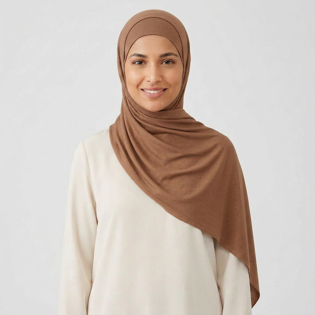 Jersey hijab and underscarf set worn - colour Camel