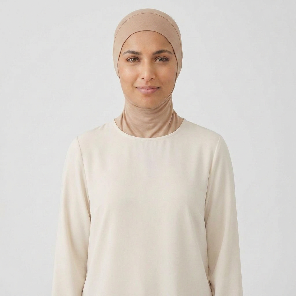 Modal underscarf cap worn - colour Nude
